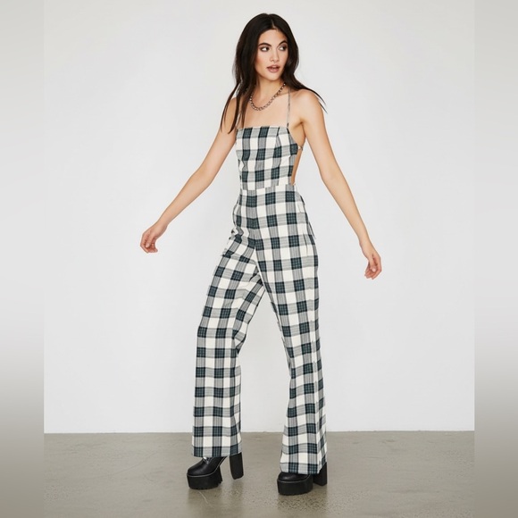 Plaid Cutout Jumpsuit - turquoise & White - Picture 2 of 3